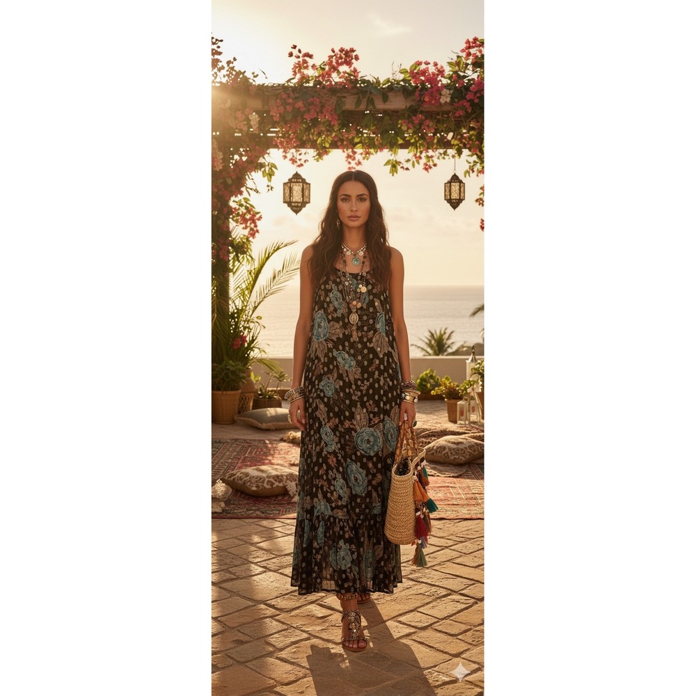 Natural Life Alice Metallic Maxi Dress M Floral Tiered‎ Boho Resort Maximalist